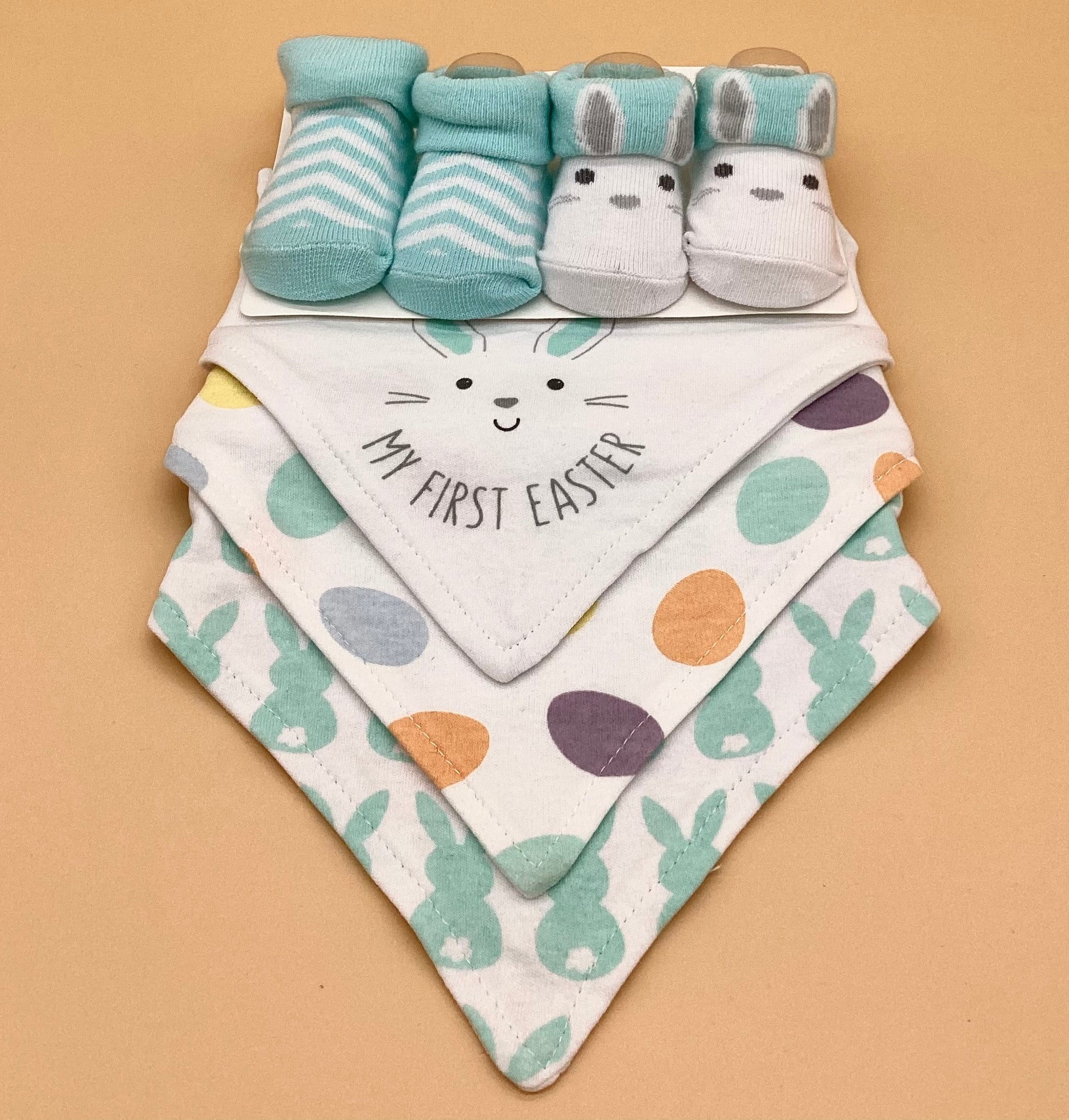 Baby Essentials Infant Embroidered My First Easter Bunny Eggs Bib w/  Booties NEW